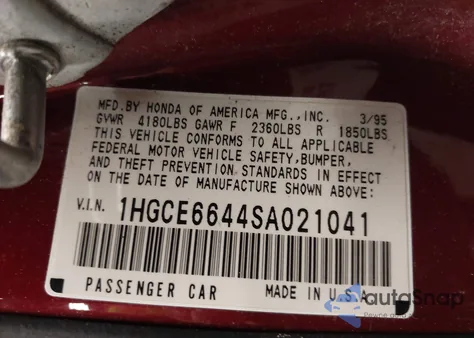 1995 Honda Accord Lx z USA, uszkodzony, nr VIN 1HGCE6644SA021041